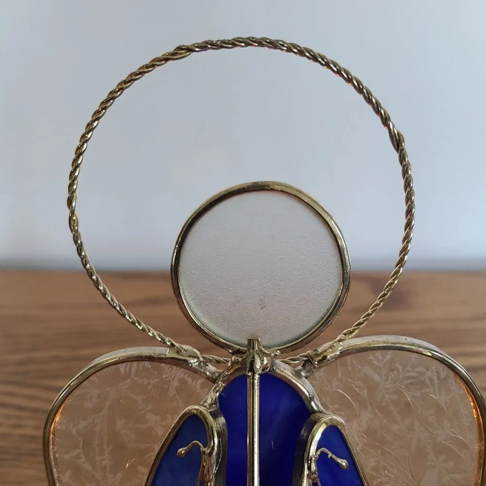 Vintage Stained Glass Tealight Holder Angel Trumpet Candle Display Cobalt Blue
